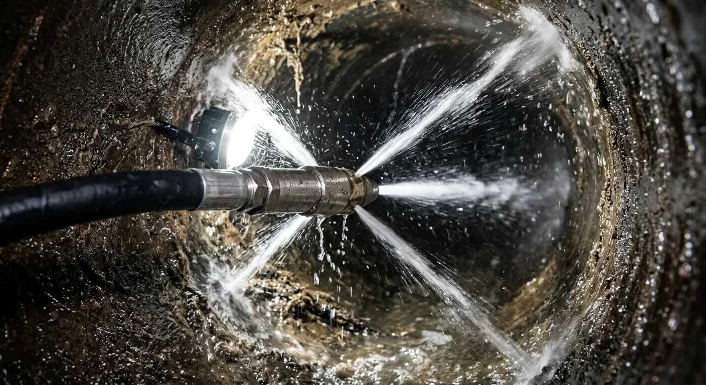 High-pressure hydro jetting nozzle cleaning sewer pipe for Trenchless Sewer Repair in St. Peters